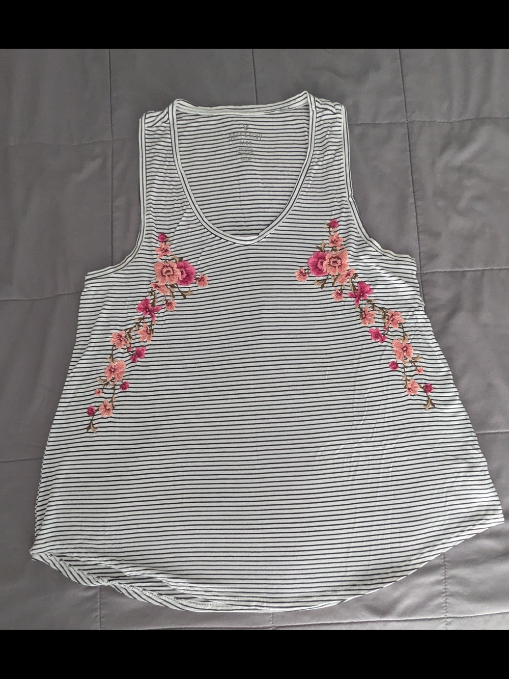 Striped Tank Top with Pink Floral Embroidery